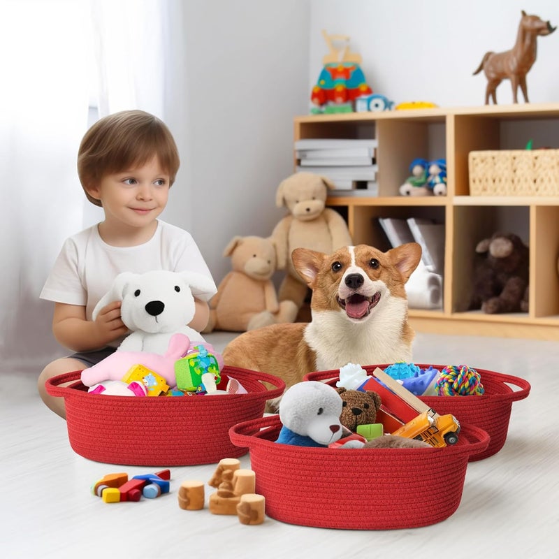 WILLITAT Small Baskets for Gifts Empty, 13"x 9"x 5" Woven Gift Basket with Bag and Ribbon, Cotton Rope Kids Dog Cat Toy Bin Box, Cute Baby Nursery Organizer, Decorative Storage with Handles, Red - Image 5